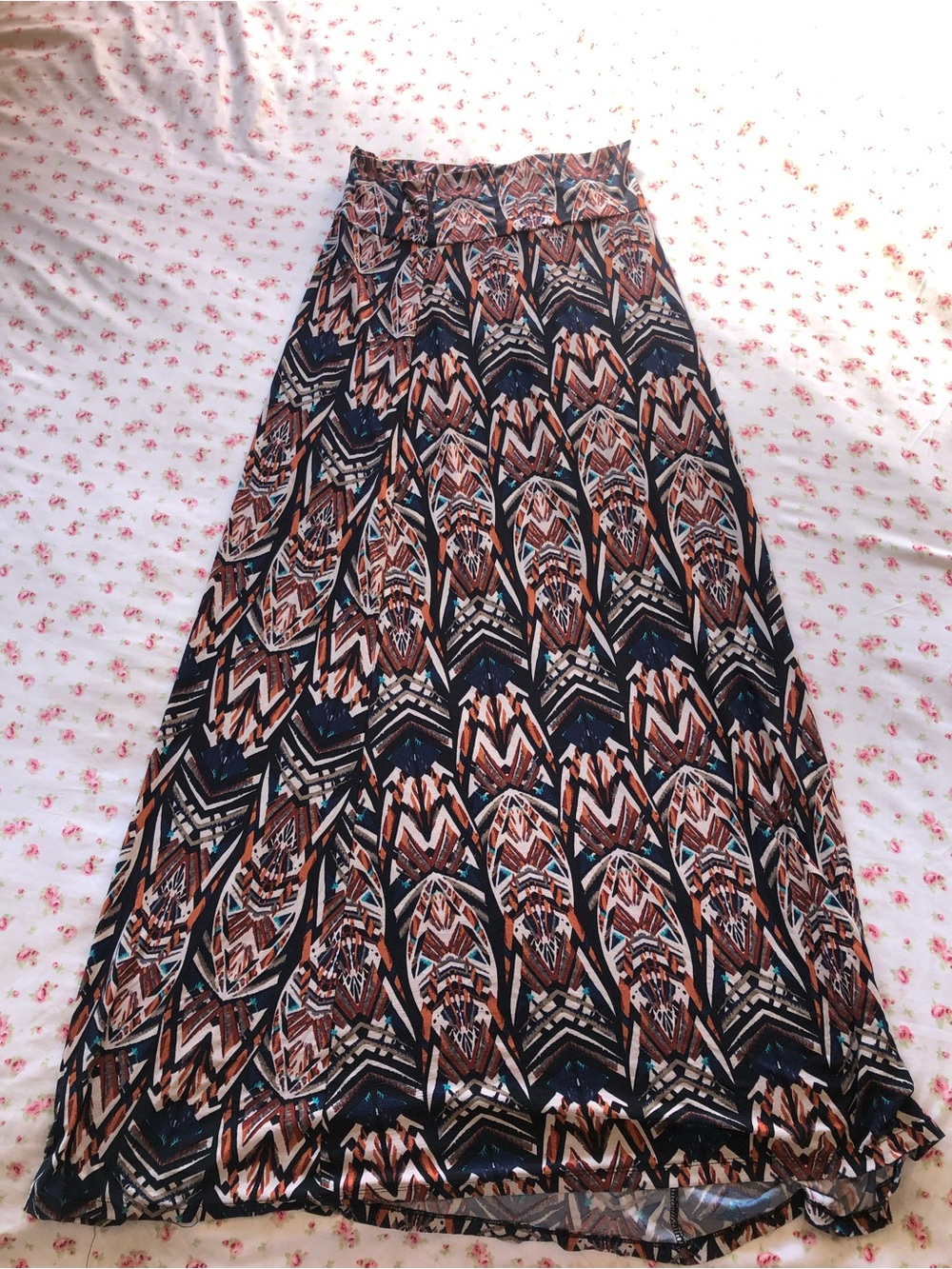 Patterned A-Line Maxi Skirt in Navy and Brown